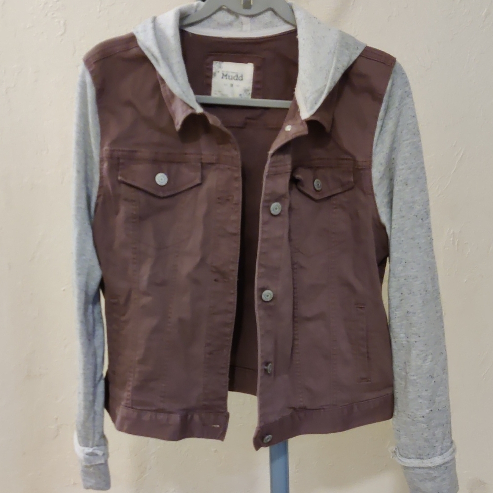 Mudd Women's Brown/ Gray Varsity Jean Hooded Jacket Size M